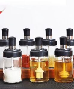 Baharatlık Seti, 6'lı, Kendinden Fırçalı ve Kaşıklı, Bal Kavanozu, Siyah Kapaklı Set, 300 mL Baharatlık Kavanoz Ballık Seti