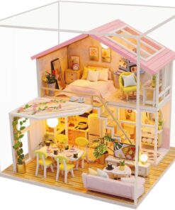 Ev Yapma Seti – LED Işıklı Ahşap DIY Maket – Kendin Yap Balkonlu Ev Modeli – Yetişkinler İçin Dekoratif Hediye Seti