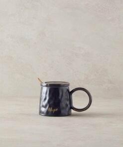 Home Mantra New Bone China Kapaklı Kaşıklı Kupa Siyah
