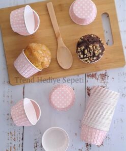 Hediye Sepeti 50'li Açık Pembe Puantiyeli Muffin Kek Kalıbı, Kek Kapsülü Cupcake Kalıbı, Airfryer Uyumlu
