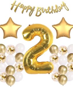 Gitti Gold Konsept Doğum Günü Kutlama Seti; Beyaz Gold Konfetili Balon, Rakam Yıldız Folyo ve Banner (2 Yaş)