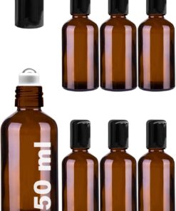 50 ml Çelik Roll On Şişesi 50 cc Sızdırmaz Siyah Kapaklı Cam Şişe 6 Adet (Amber, 50)