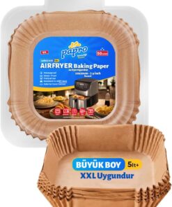 Airfryer Pişirme Kağıdı, Fritöz Yağlı Kağıdı, Yanmaz Kağıt XXL Uyumlu 50 Adet (Kare) (1, Kare Büyük Boy 20x20)