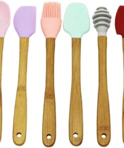 Ahşap Servis Seti - 6 Parça Spatula, Kaşık, Krema ve Bal Kaşığı, Yanmaz Silikon Uçlu Ahşap Saplı Mutfak Aksesuarları