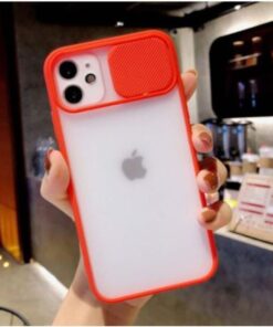 Iphone 12 Kılıf Kamera Lens Sürgülü Korumalı, Kenar Renkli, Arkası Buzlu Şeffaf Kapak (Kırmızı)