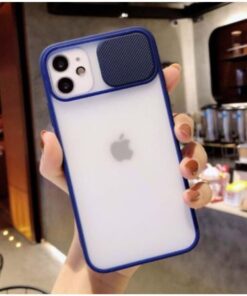 Iphone 12 Kılıf Kamera Lens Sürgülü Korumalı, Kenar Renkli, Arkası Buzlu Şeffaf Kapak (Lacivert)