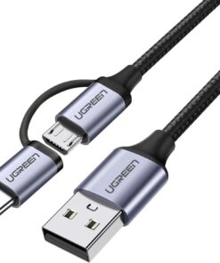 2'si 1 Arada Örgülü Type-C Micro USB Şarj ve Data Kablosu 1 Metre