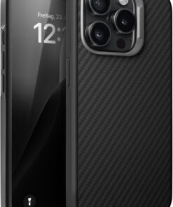 iPhone 15 Pro Max için Fiber Karbon Arka Tasarımlı Metal Tuşlu ve Lens Çerçeveli Saramayan ve Çizilmeyen Güçlü Darbe Emici Premium Silikon Kılıf (Siyah, 15 Pro Max)