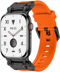 Apple İle Uyumlu Watch 42mm KRD-101 Titanyum Metal Başlıklı Silikon Kordon Siyah-Turuncu