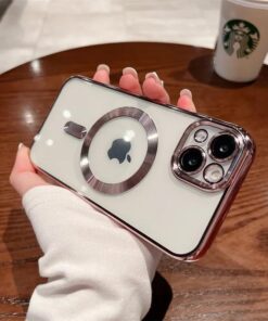 GİYİM & AKSESUAR İphone 13 (6.1) inç Uyumlu Laser Silikon Arka Kısmı Şeffaf Kablosuz Şarj Destek Özellikli Kamera Korumalı Kılıf (Pembe)