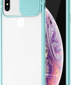 Iphone X max Kılıf Kamera Lens Sürgülü Korumalı, Kenar Renkli, Arkası Buzlu Şeffaf Kapak (Turkuaz)