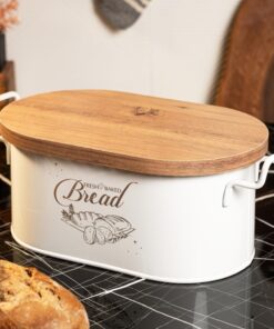 Metal Ahşap Kapaklı Tel Kulplu Metal Ekmeklik (Bread Baskılı) Ln1293B