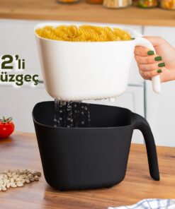 G-577 2 Parça Plastik Süzgeç Çok Amaçlı Makarna Meyve Sebze Pirinç Yıkama Süzgeci Siyah Beyaz