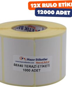 Termal Etiket 58mm x 40mm Ruloda 1000 Adet 12 Rulo Toplamda 12000 Adet 40mm Kuka Çapında Direk Termal Transfer Etiketi