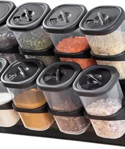 Duvara Asmalı Baharatlık Seti - Tezgah Üstü Stantlı, Yapışkanlı ve 360 Derece Döner Kapaklı Plastik Mutfak Baharatlık, Antrasit Renk