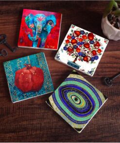 Fil, Nazar, Nar Ağacı, Nar Taş Bardak Altlığı Seti - 4 Parça - Dekoratif, Rustik Mutfak Aksesuarı, 10x10 cm, Kaydırmaz Tabanlı, Şık ve Dayanıklı SC151