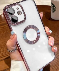 AKSESUAR iphone 11 (6.1) inç Laser Silikon Arkası Şeffaf Kamera Korumalı Logo Detaylı Luxury Kılıf- iphone 11 Laser Silicone Back Transparent Camera Protected Logo Detail Luxury case (Pembe)