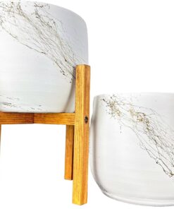 Tasarımı Ev Dekorasyon Aksesuar Beyaz Üzeri Gold Mermer Efektli Toprak Saksı Saksılık Salon Çiçeklik İkili Set Ayaksız - 4 Ayaklı- 19 CM