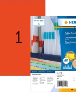4402 Renkli Etiket DIN A4 210 x 297 mm, 100 Yaprak, Kağıt, Mat Kendinden Yapışkanlı, Yazdırılabilir, Kalıcı Yapışkan Renkli Etiketler, 100 Yapışkan Etiket, Kırmızı