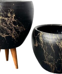 Tasarımı Ev Dekorasyon Siyah Üzeri Gold Mermer Efektli Toprak Saksı Saksılık Salon Çiçeklik İkili Set Ayaksız - 3 Ayaklı- 15 Cm