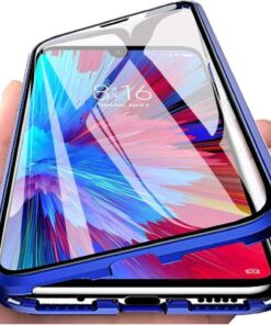 Xiaomi Redmi Note 7/7s/7 Pro Uyumlu Önü ve Arkası Temperli Cam, Manyetik Adsorpsiyon Darbeye Dayanıklı Kapak, Alüminyum Metal Tampon Güçlü Mıknatıslar (Mavi, Xiaomi Redmi Note 7/7s/7 Pro)