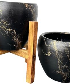 Tasarımı Ev Dekorasyon Siyah Üzeri Gold Mermer Efektli Toprak Saksı Saksılık Salon Çiçeklik İkili Set Ayaksız - 4 Ayaklı- 15 Cm