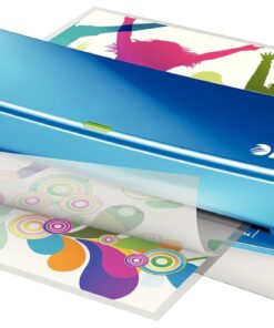 A4 laminasyon cihazı, 80 ila 125 mikron laminasyon folyoları için, laminasyon kılıfları dahil, başlangıç kiti, ev ofisi, küçük ofis ve okulda kullanım için ideal, mavi, iLAM, 73680036