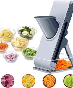 Profesyonel Basmalı Rende Doğrayıcı – 3 Bıçaklı Paslanmaz Çelik Kesme, Mandolin Doğrama ve Rendeleme Aleti – Sebze, Meyve, Peynir, Salata ve Pratik Mutfak Kullanımı İçin Ergonomik Tasarım