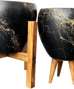 Tasarımı Ev Dekorasyon Siyah Üzeri Gold Mermer Efektli Toprak Saksı Saksılık Salon Çiçeklik İkili Set 3 Ayaklı- 4 Ayaklı- 15 Cm