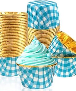 Hediye Sepeti 25'li Mavi Gold Ekoseli Mavi Pötikare Muffin Kek Kalıbı, Kek Kapsülü Cupcake Kalıbı, Airfryer Uyumlu