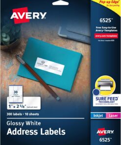 Lazer Yazıcılar için Parlak Beyaz Adres Etiketleri, 1" x 2-5/8", 300 Etiket (6525)