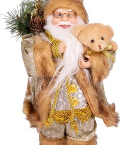Yılbaşı Noel Baba Hediye Çuvallı Pelüş Ayı Dekorlu Gold 30 Cm.