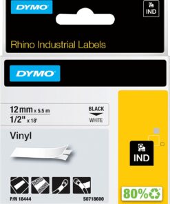 RhinoPRO, Renkli Vinil Şerit (12 mm x 5.5 mt), Beyaz/Siyah - 18444