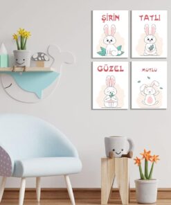 ve Çocuk odaları için güzel, tatlı, şirin ve mutlu 4 lü ahşap tablo seti