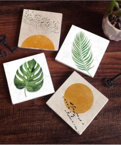 Minimalist, Yaprak Taş Bardak Altlığı Seti - 4 Parça - Dekoratif, Rustik Mutfak Aksesuarı, 10x10 cm, Kaydırmaz Tabanlı, Şık ve Dayanıklı SC344