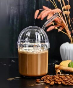 Pipetli Bardak - Kubbe Şeklinde Kapaklı Pipetli Soğuk Kahve Bardağı, Mika Bardak, Saydam Meşrubat Bardağı