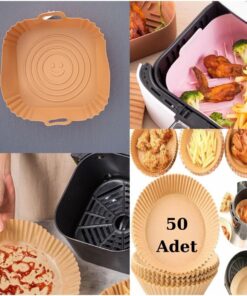 SİLİKON KARE PİŞİRME KABI KAHVE+50 ADET AİRFRYER TEK KULLANIMLIK PİŞİRME KAĞIDI XL-XXL TABAK