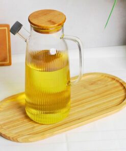 Borosilikat Cam Yağdanlık 1000 Ml Bambu Kapaklı Yağ Sürahisi, Yağ Ve Sirke Kabı
