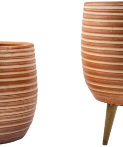 Tasarımı Ev Dekorasyon Yan Çizgi Desenli Terrakota Toprak Saksı Saksılık Salon Çiçeklik İkili Set Ayaksız - 3 Ayaklı- 15 Cm