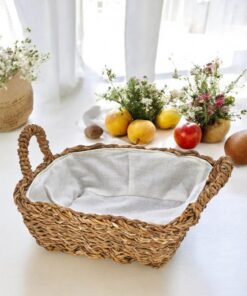 El Yapımı Doğal Hasır Kulplu Çok Amaçlı Dekoratif Kare Sepet, Hasır Kulplu Ekmek Sepeti (25x25x8 cm)