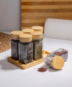 Doğal Bambu Kapaklı 6'lı Cam Baharatlık Seti Vakumlu Kapak Ve Ahşap Stand