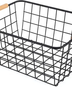 Çelik Sepet Organizer - Ekmek ve Servis Sepeti, Banyo, Mutfak, Ofis, Dolap Organizatörü, Ev İçi Düzenleyici Sepet Çok Amaçlı Kullanım Ahşap Kulplu Taşınabilir Sepet Siyah