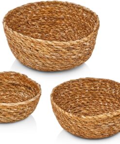 3'lü El Yapımı Hasır Yuvarlak Dekoratif Çerezlik Meyvelik, Dekoratif Amaçlı Mini Hasır Sepetler (16cm*7cm-14cm*6cm-12cm*5cm)