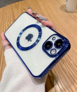 GİYİM & AKSESUAR iphone 14 (6.1) inç uyumlu Laser Silikon Arkası Şeffaf Kamera Korumalı Logo Detaylı Luxury Kılıf-14 Laser Silicone Back Transparent Camera Protected Logo Detail Luxury case (Mavi)