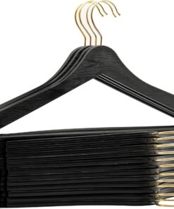 24 Adet Siyah Ahşap Görünümlü Plastik Askı Kıyafet Elbise Gömlek Askısı Gold Kancalı