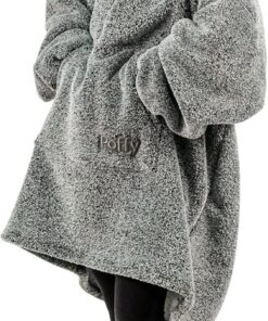 Oversize Giyilebilir Battaniye TEK BEDEN ÇOK RAHAT Unisex Hoodie Peluş Kapüşonlu Sweatshirt (Gri-Siyah)
