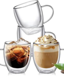 Çift Katmanlı Cam Kupa Bardak 250 ml Lüx Çift Cidarlı kupa - Termos Bardak - İki Duvarlı Yapısı ile Uzun Süre Sıcak-Soğuk Tutma özelliği, Kulplu Kahve Espresso Bardağı Brosilikat double layer Cup