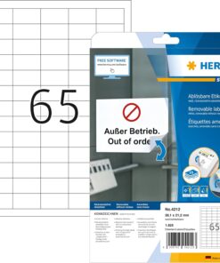Evrensel Etiket Çıkarılabilir, 25 Yaprak, 38,1 x 21,2 mm, A4 Yaprak Başına 65 Adet, 1625 Çıkartma, Kendinden Yapışkanlı, Yazdırılabilir, Mat, Beyaz