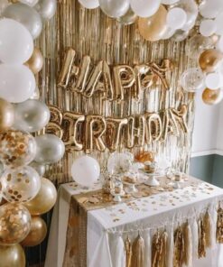 RoseGold Happy Bırthday Full Set Rose Gold Beyaz Gri Metalik Balon Zincir Gold Arka Fon gold bmcNM137