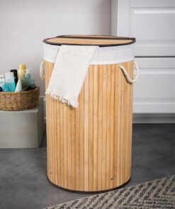 Home Doğal Bambu Katlanabilir Kirli Çamaşır Sepeti, Yıkanabilir Çıkarılabilir Astar Torbalı, Sele Görünümlü Şık ve Dayanıklı Çamaşır Sepeti, Kapaklı ve Ergonomik Tasarım (Yuvarlak)